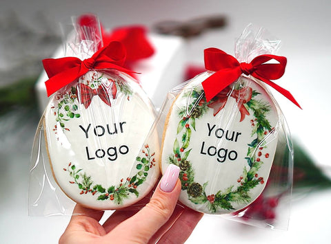 Custom Logo Christmas & New Year Oval Cookies | With Ribbon