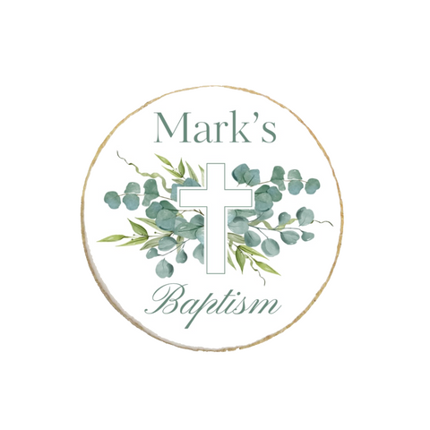 Green Leaves & Cross Baptism Custom Cookies