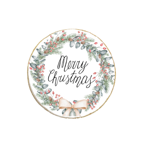 "Merry Christmas" Round Holiday Wreath Custom Cookies