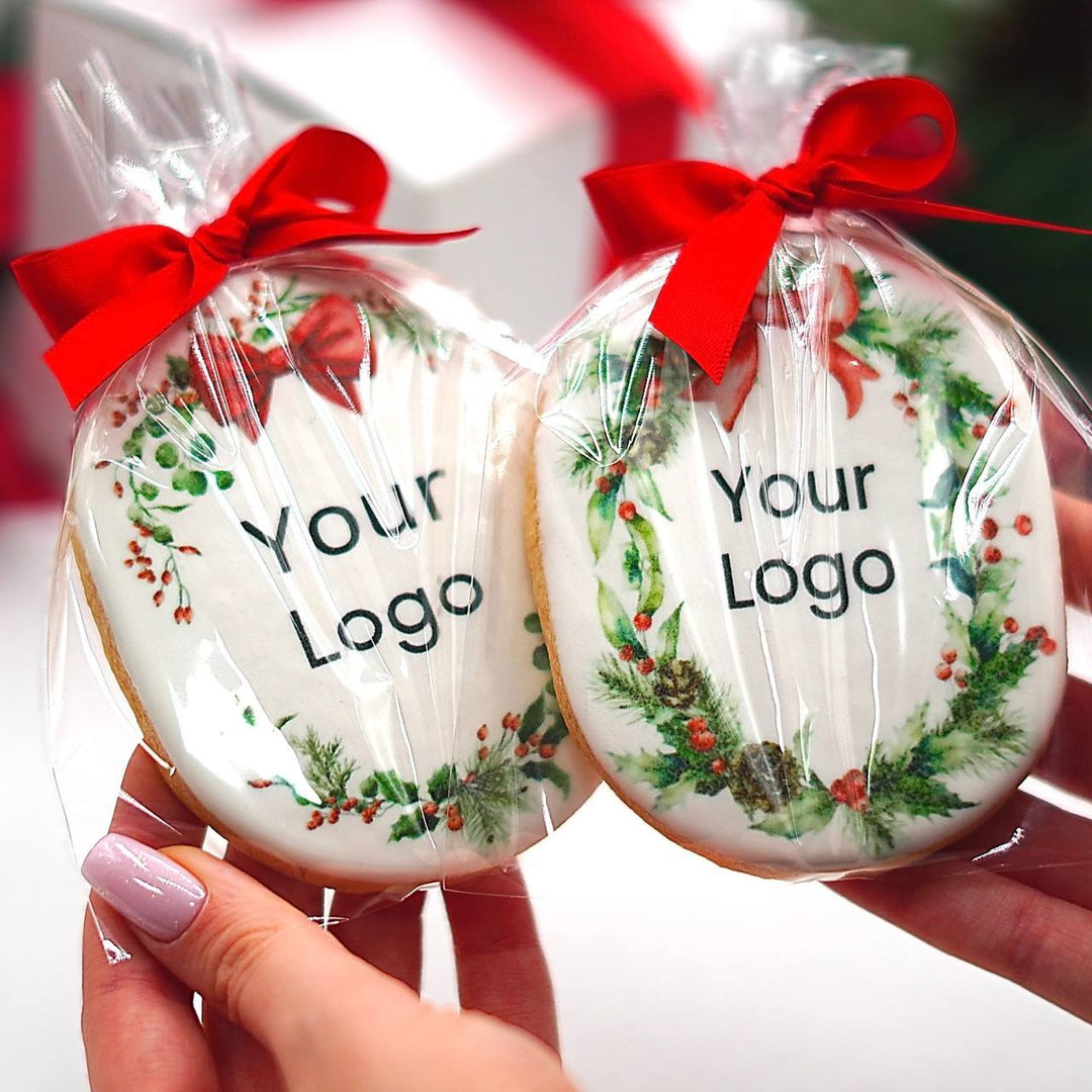 Custom Logo Christmas & New Year Oval Cookies | With Ribbon - Modern Bite