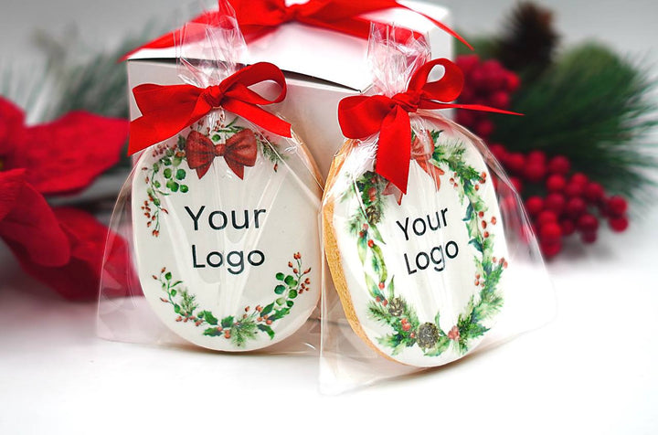 Custom Logo Christmas & New Year Oval Cookies | With Ribbon - Modern Bite